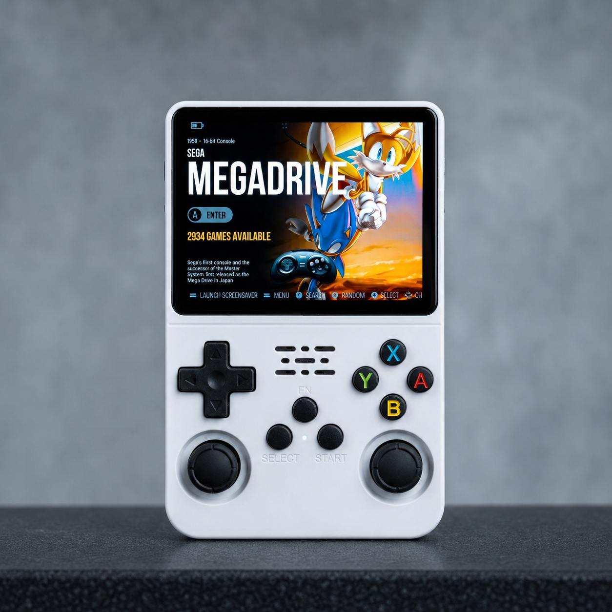 Handheld gaming console with screen displaying 'Sega Megadrive' interface on a gray background
