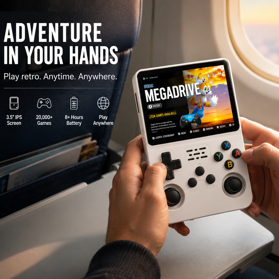 Handheld gaming console with screen displaying 'Megadrive' games, held by a person on an airplane.