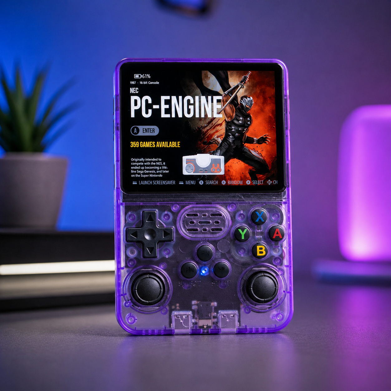 Transparent purple handheld gaming console with screen displaying 'PC-ENGINE' game menu.