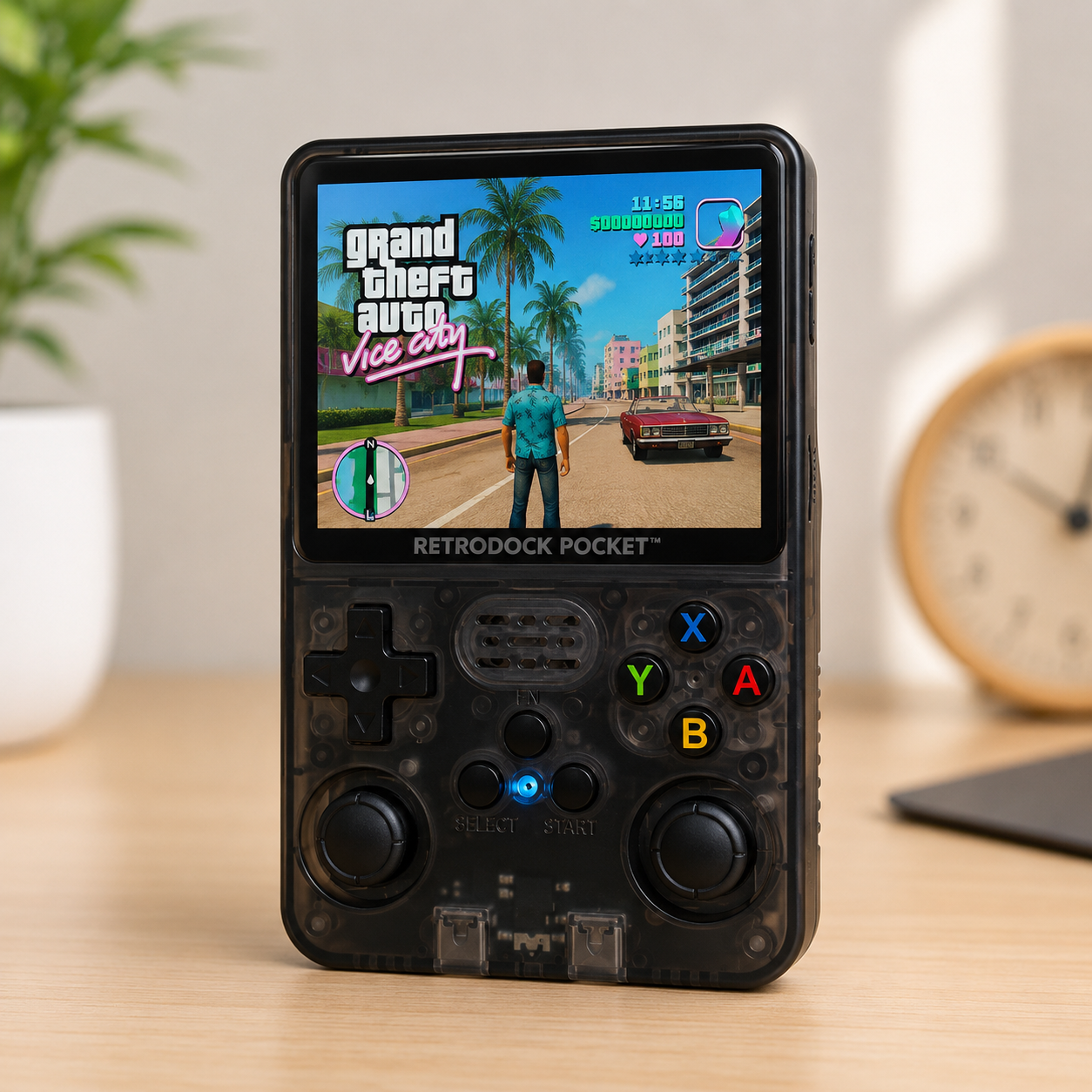 Retrodock Pocket handheld gaming console displaying 'Grand Theft Auto Vice City' on a wooden surface.