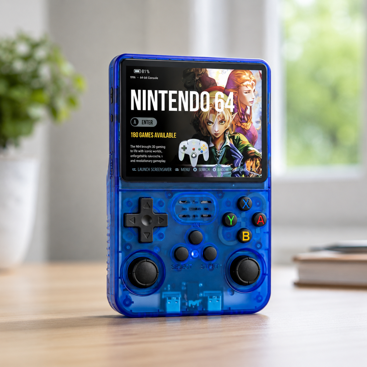 Blue handheld gaming console with screen displaying 'Nintendo 64' on a wooden surface.