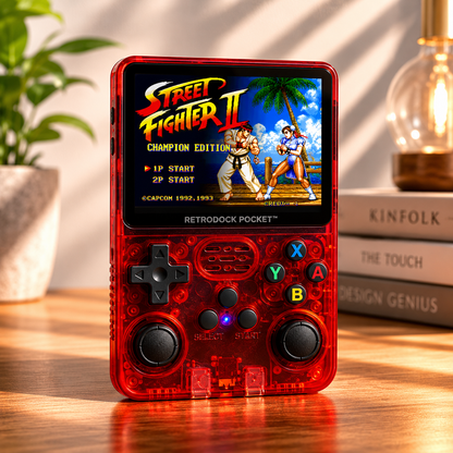 Handheld gaming console with Street Fighter II display on a wooden surface.