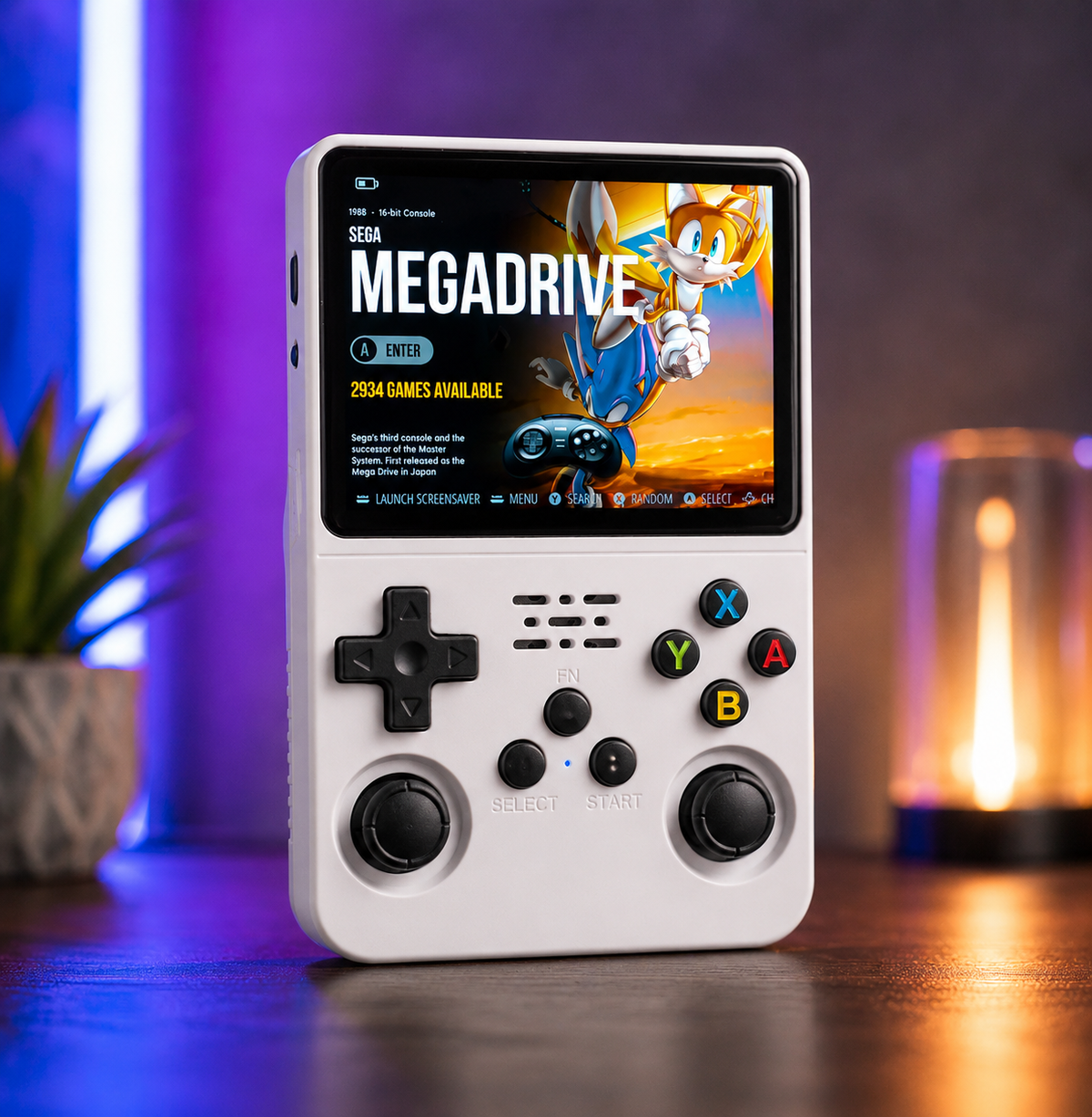 Handheld gaming console with Sega Megadrive interface on a wooden surface.