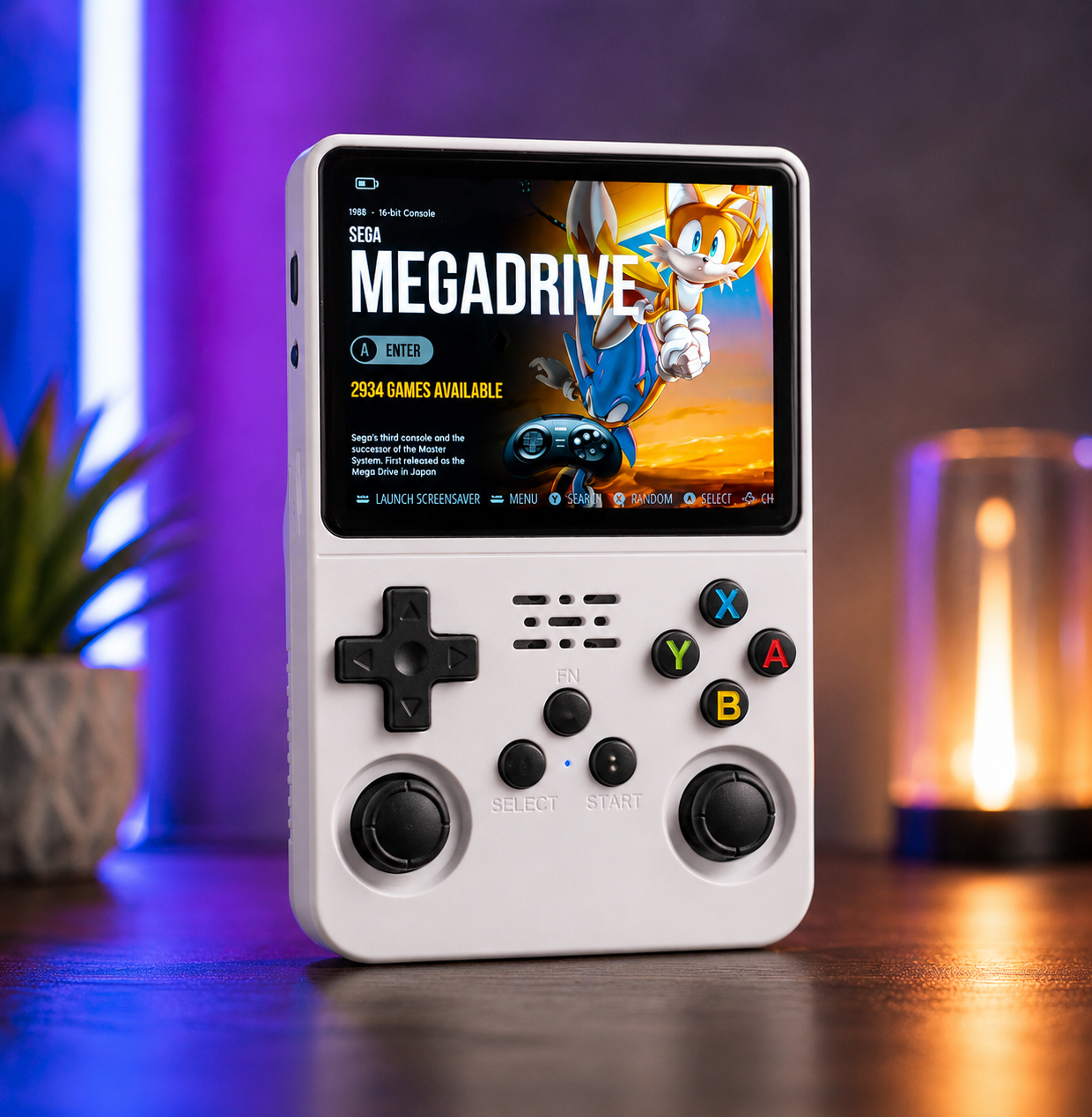 Handheld gaming console with Sega Megadrive interface on a wooden surface.